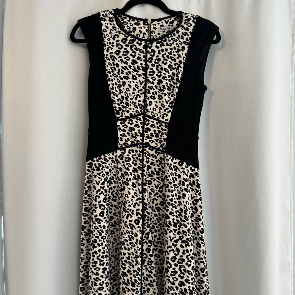 Eliza J Black and Cream Leopard-Print Midi Dress